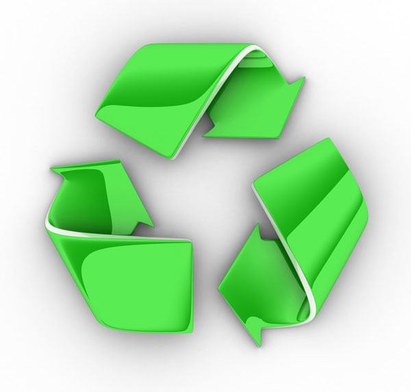 A bright green recycling logo with metallic effect