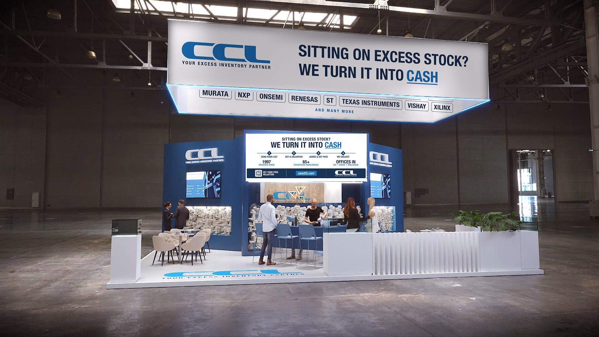 CCL stand at Electronica 2026, Hall B5 Stand 320, with the suspended CCL banner and backlit central wall
